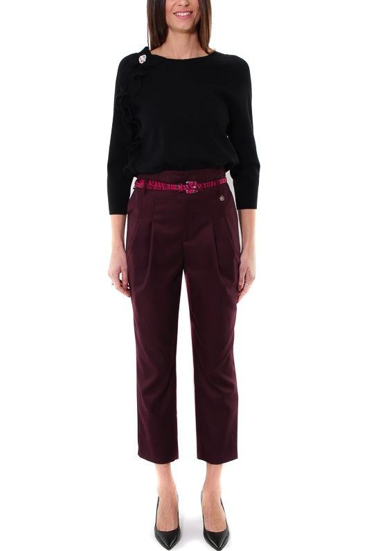Fracomina pantalone vita alta con pinces e cintura bordeaux