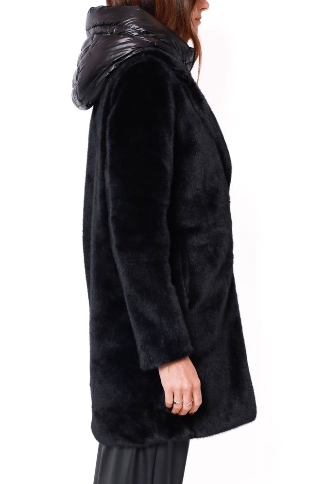 Bomboogie pelliccia ecologica con cappuccio nero