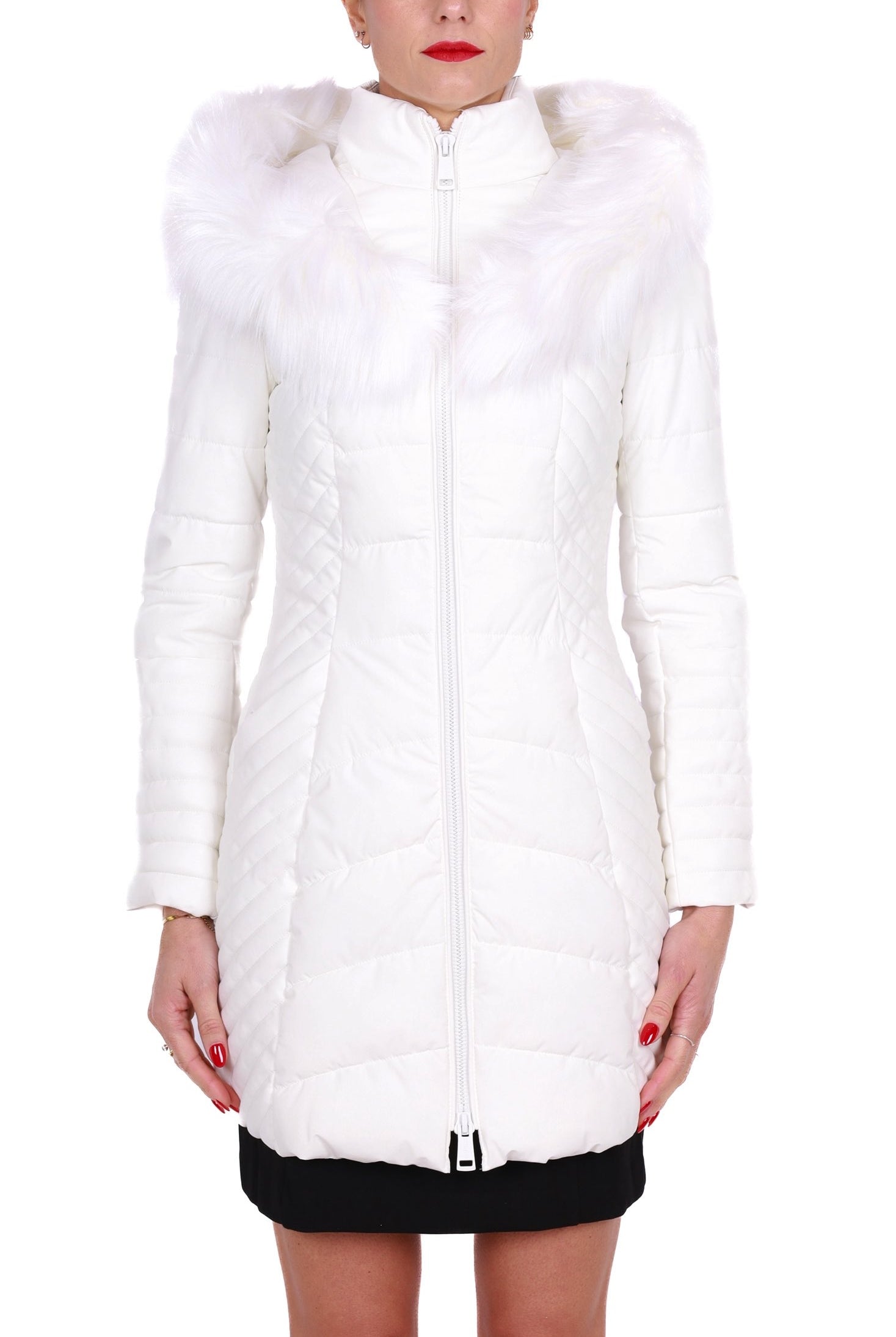 Guess Donna piumino aderente con cappuccio burro