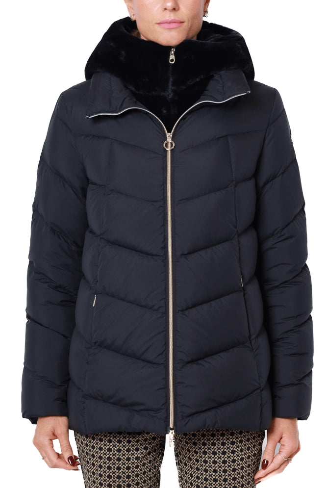 Cape Horn piumino con cappuccio in ecopelliccia blu