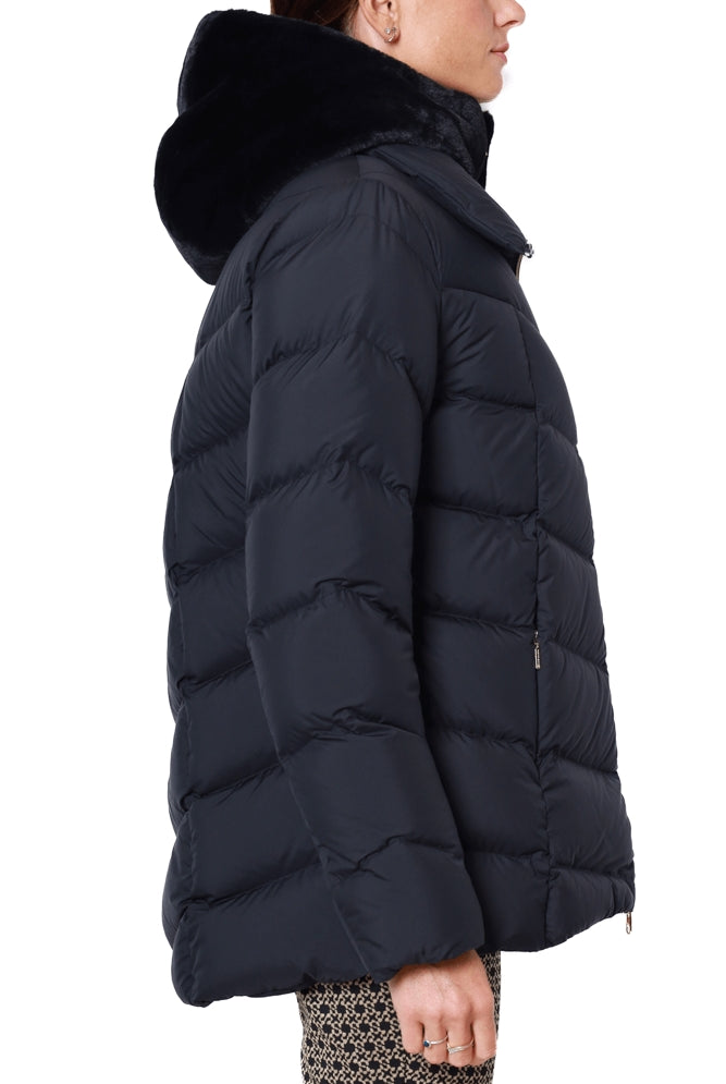 Cape Horn piumino con cappuccio in ecopelliccia blu