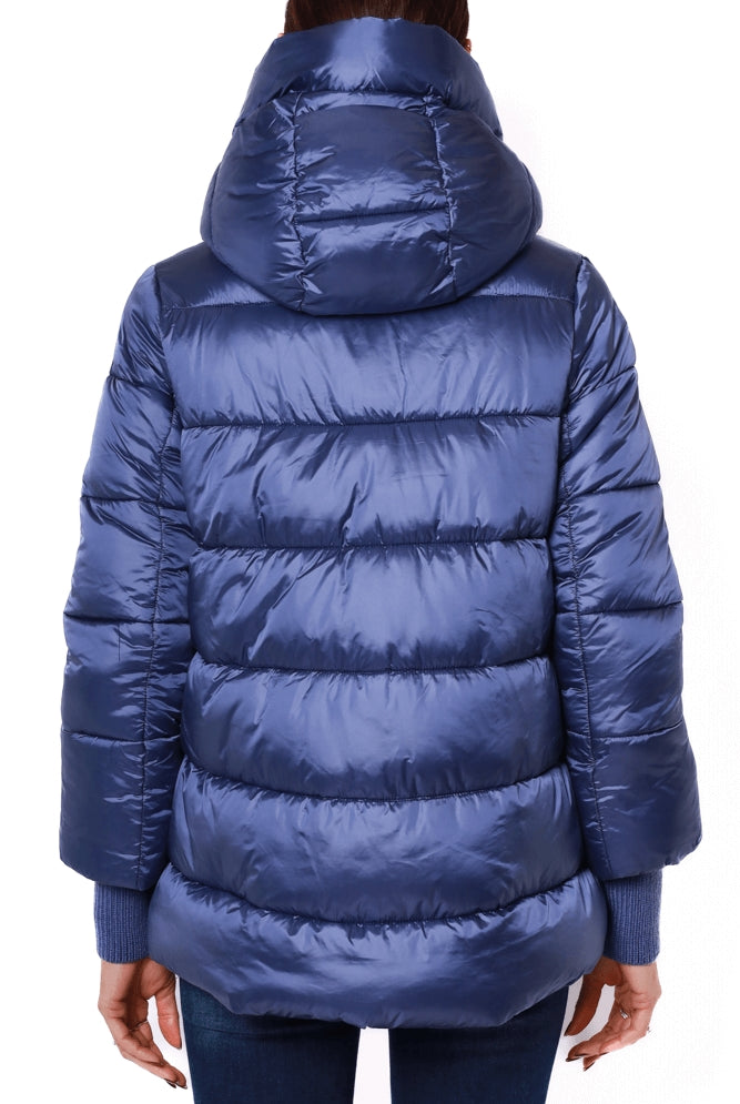 Censured piumino con cappuccio in nylon lucido bluette