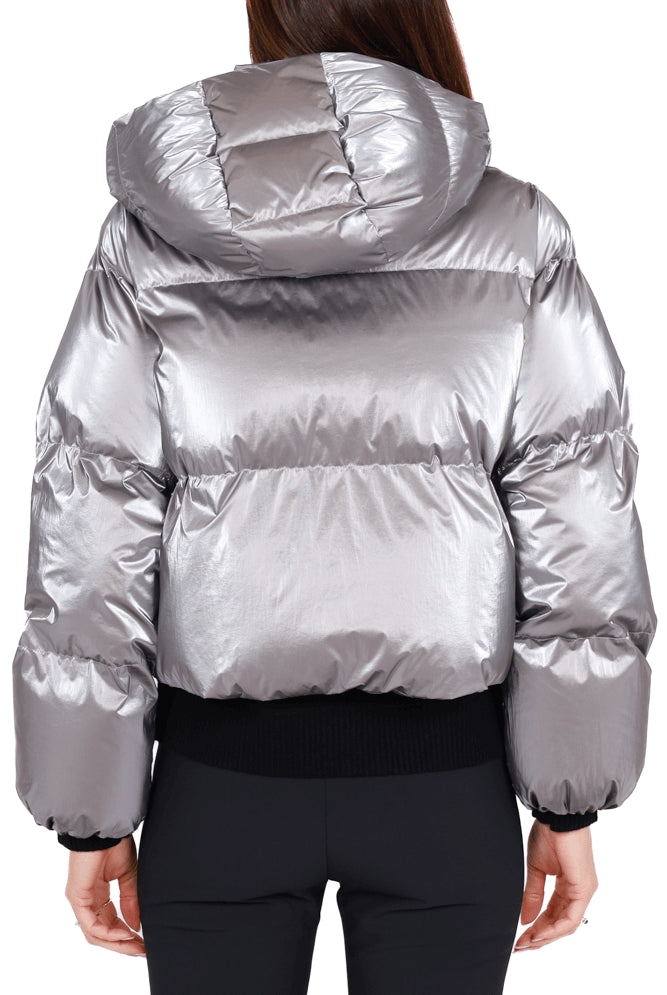 Elisabetta Franchi piumino corto in nylon effetto laminato argento