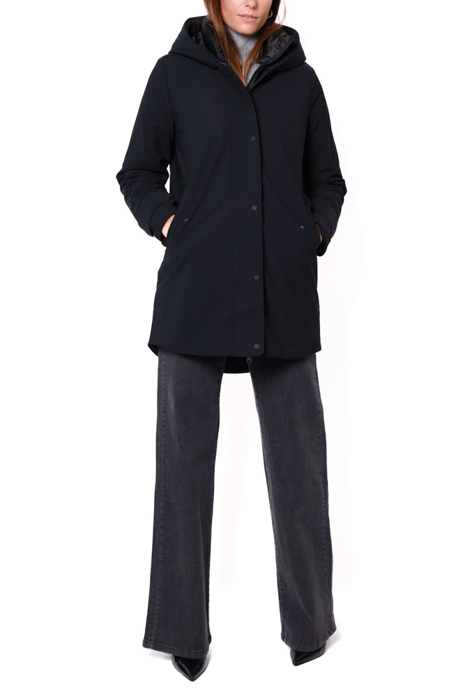 Bomboogie piumino donna lungo con cappuccio nero