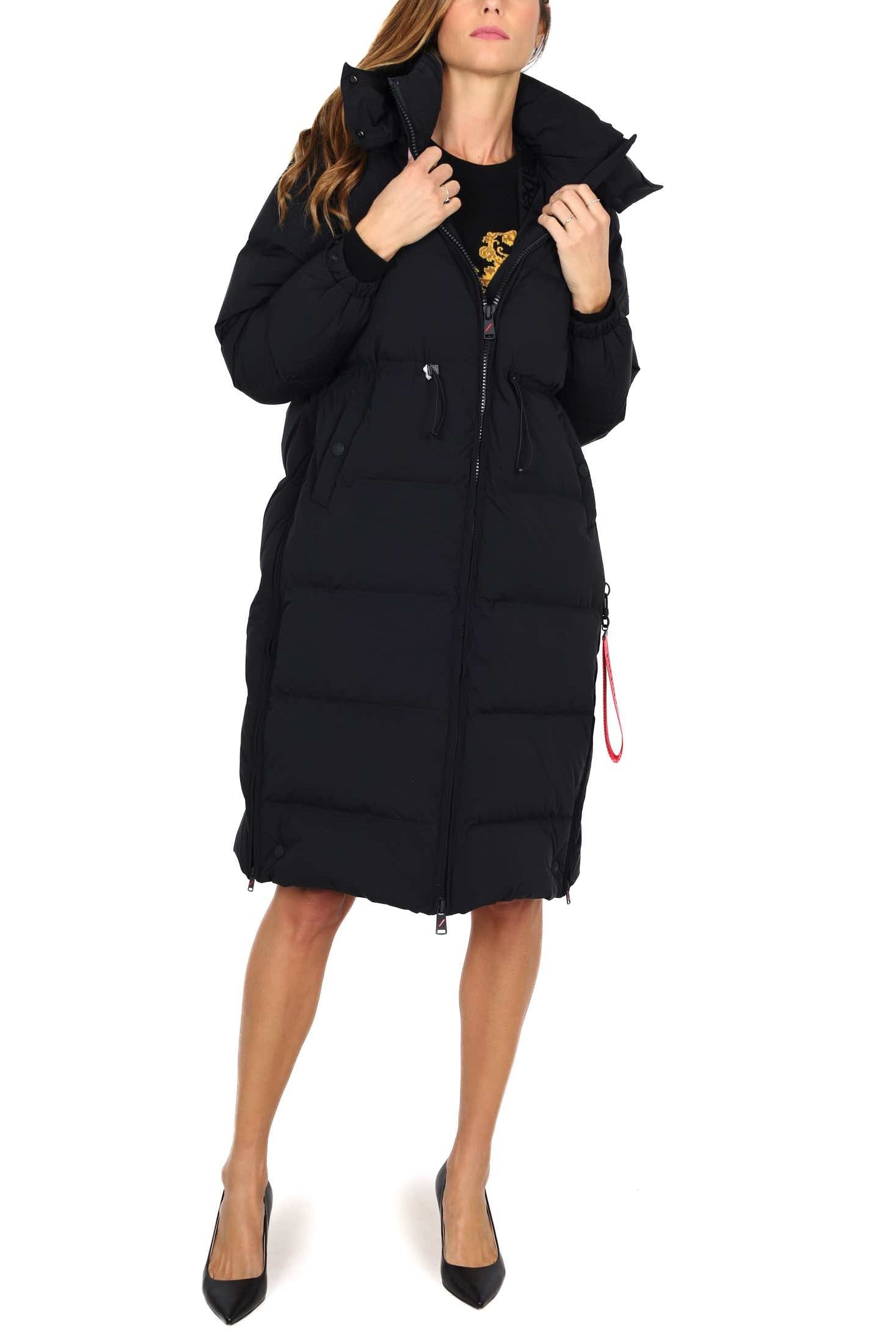 After Label piumino lungo con cappuccio e coulisse nero