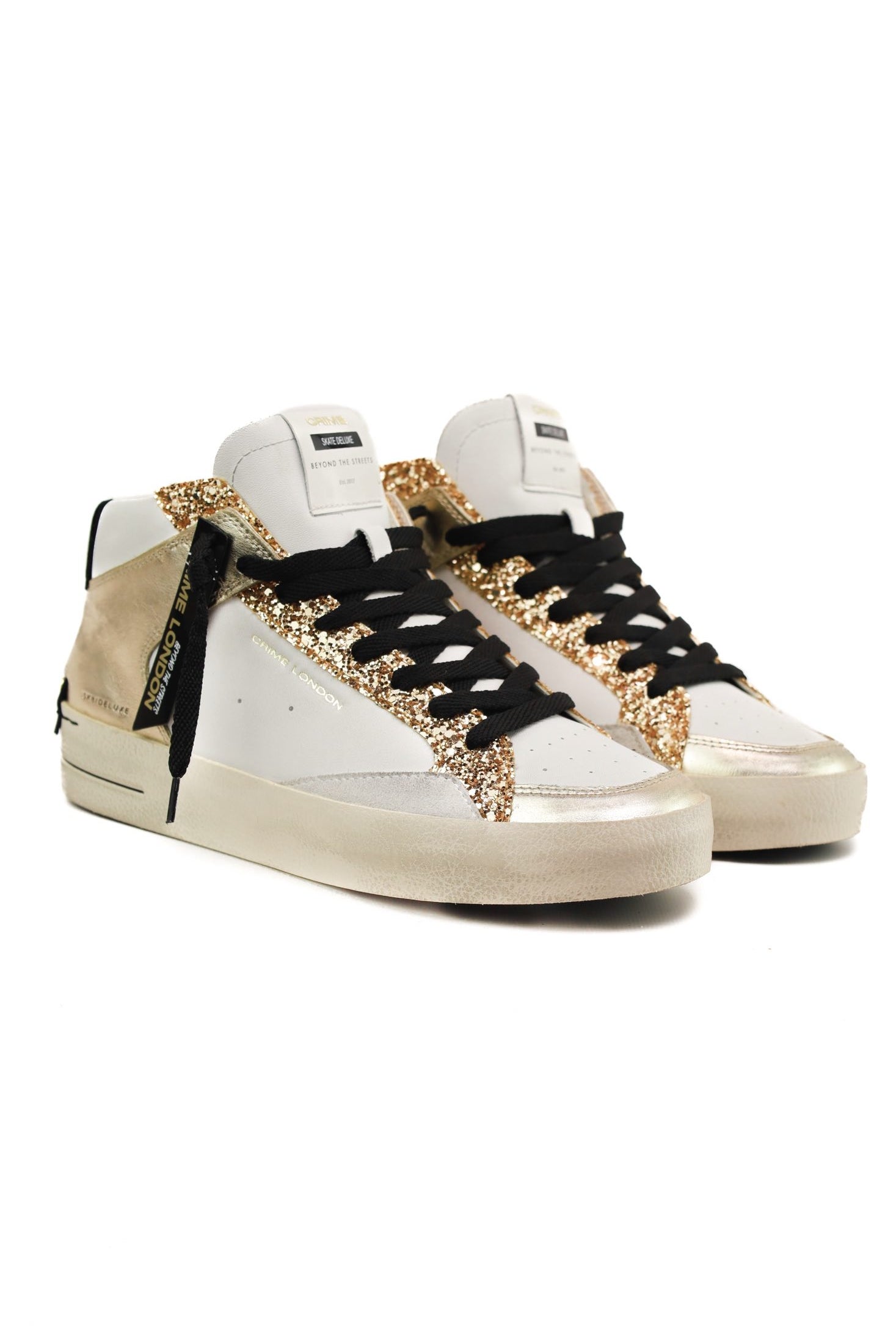 Crime sneakers donna alta in pelle con dettagli glitter bianco