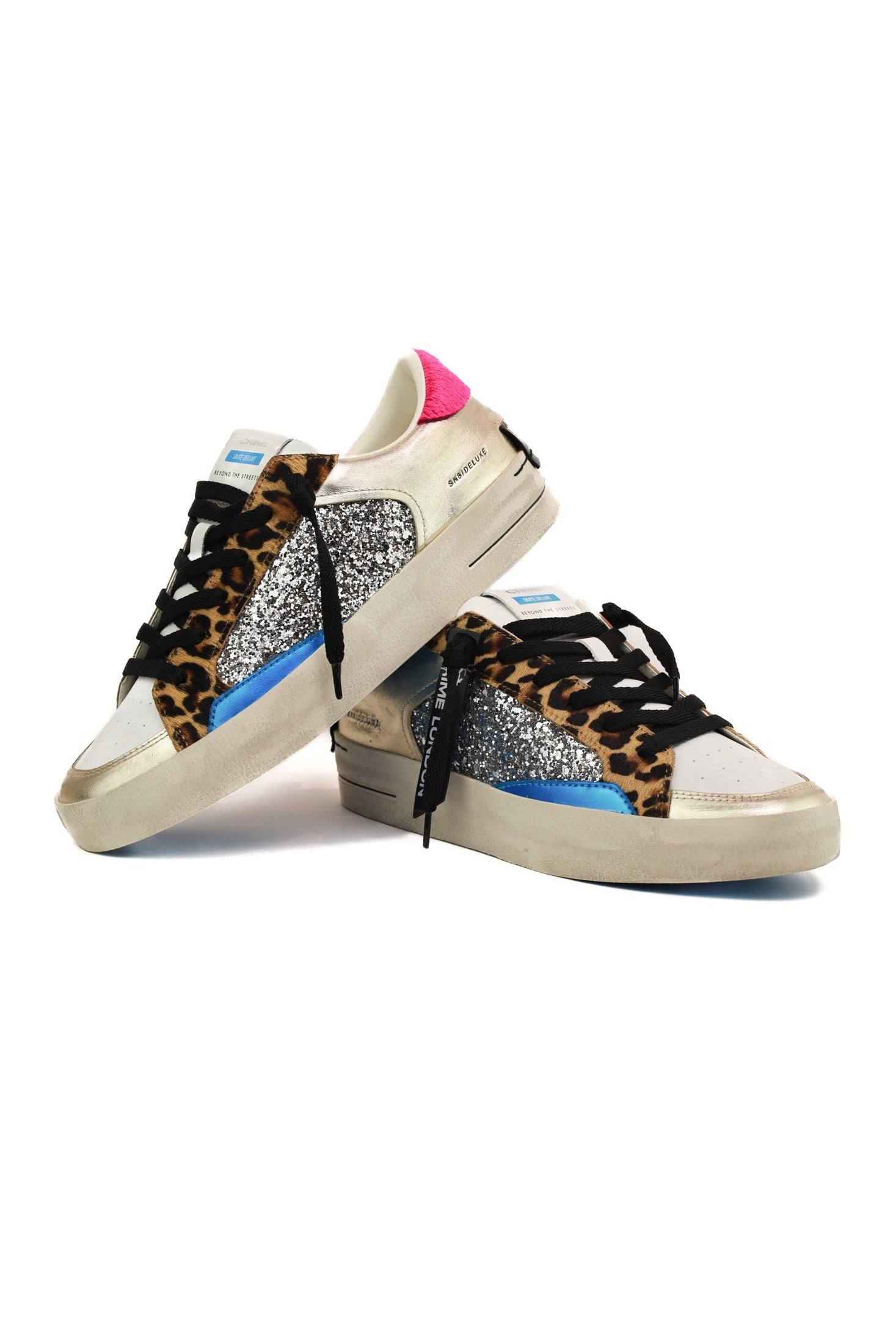 Crime sneakers donna pelle dettagli animalier e glitter bianco