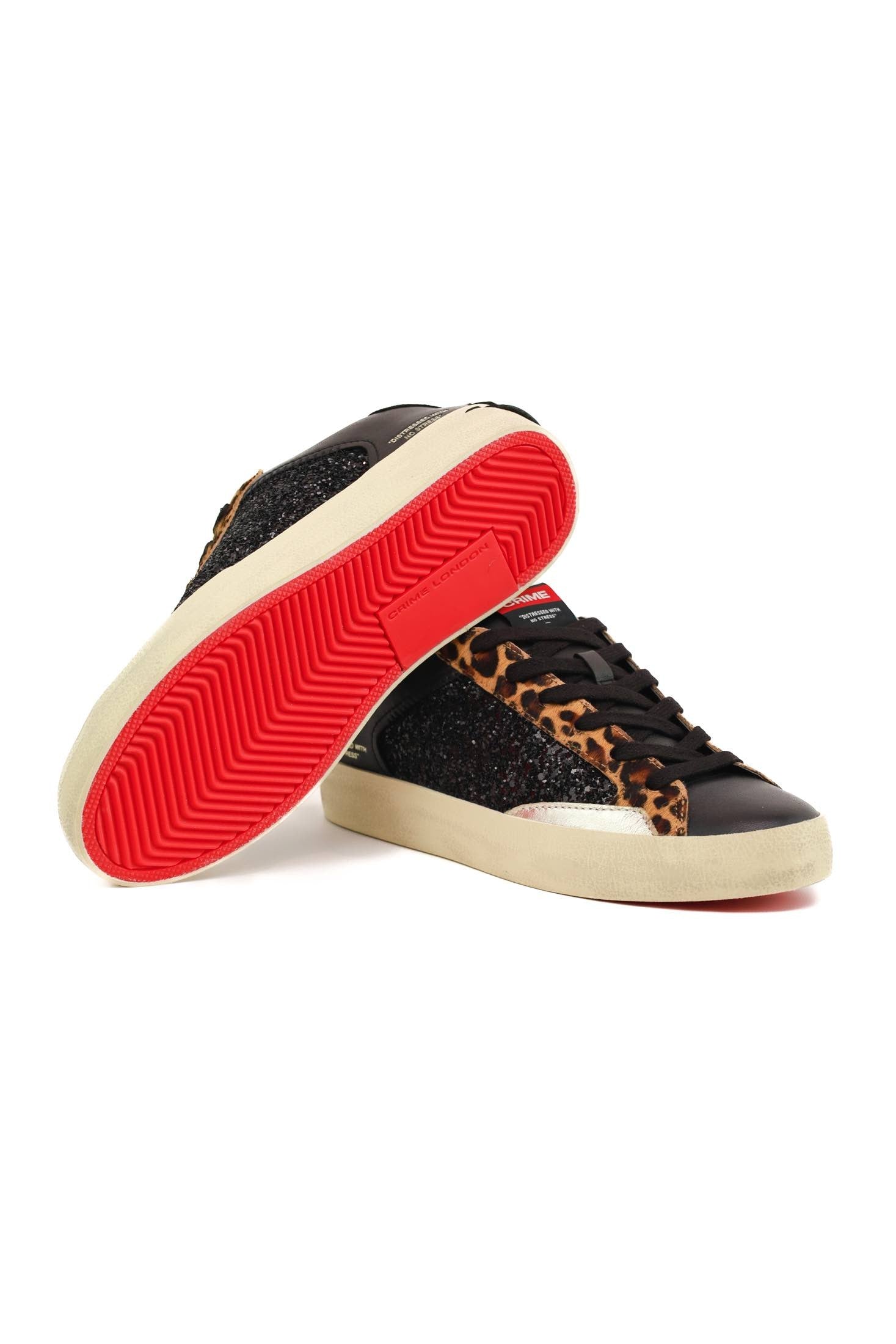 Crime sneakers donna pelle dettagli animalier e glitter nero