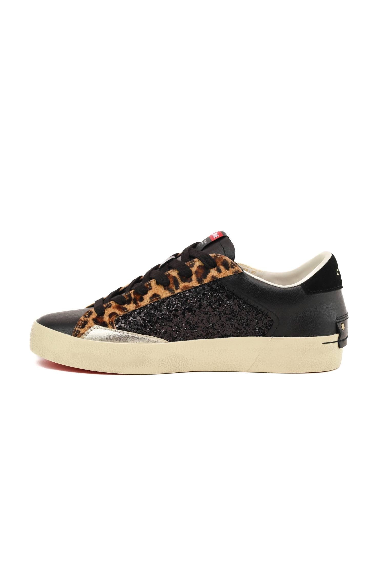 Crime sneakers donna pelle dettagli animalier e glitter nero