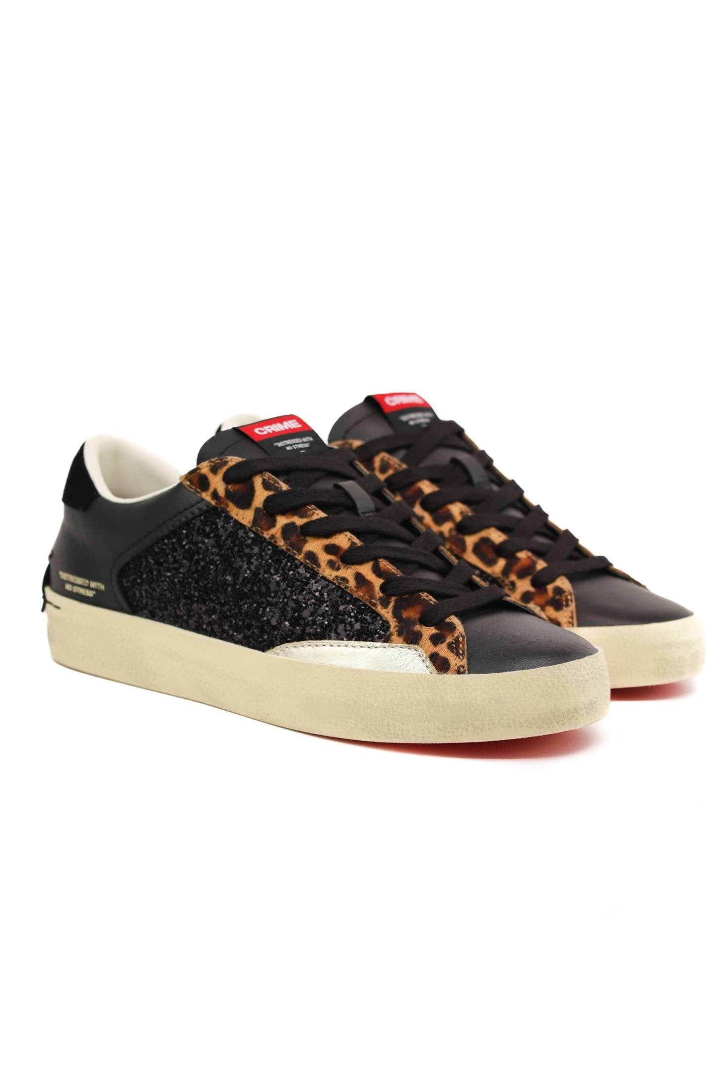 Crime sneakers donna pelle dettagli animalier e glitter nero