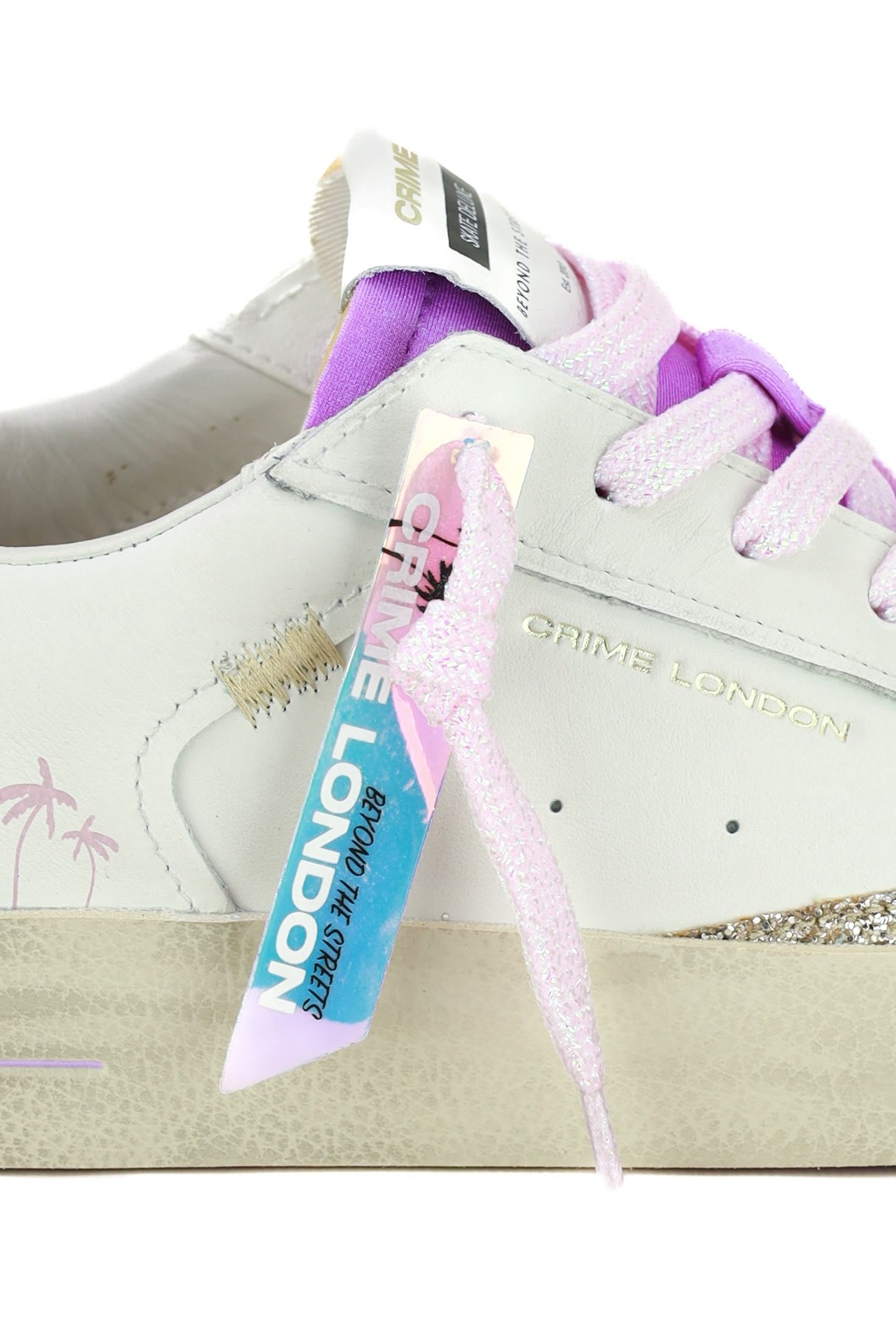 Crime sneakers donna pelle dettagli laminato e glitter bianco