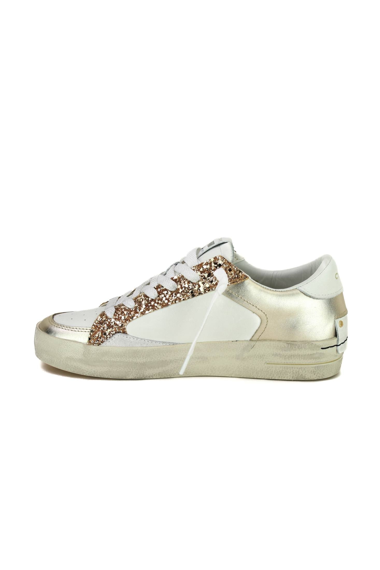 Crime sneakers donna pelle dettagli laminato e glitter bianco