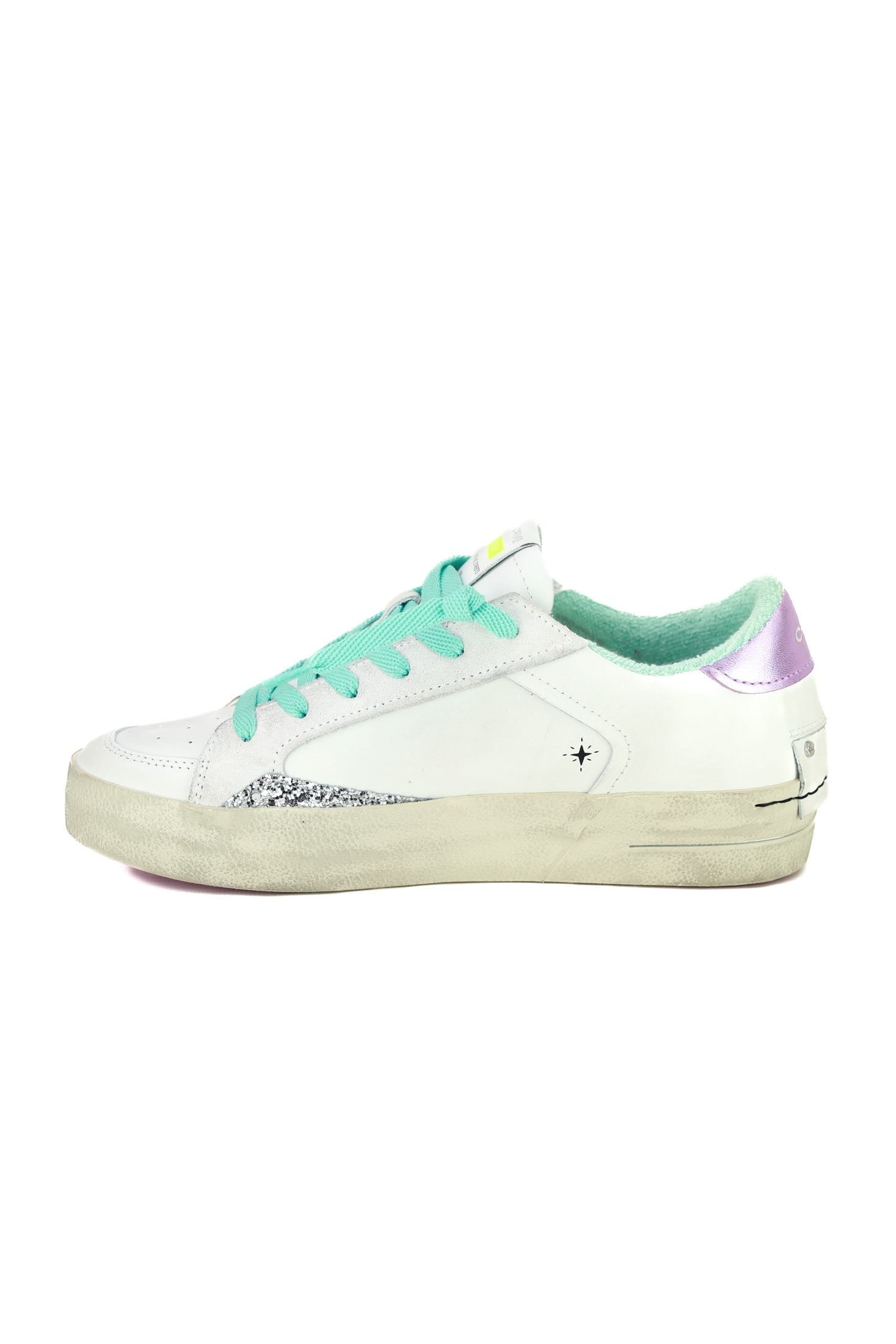 Crime sneakers donna pelle dettagli laminato e glitter bianco