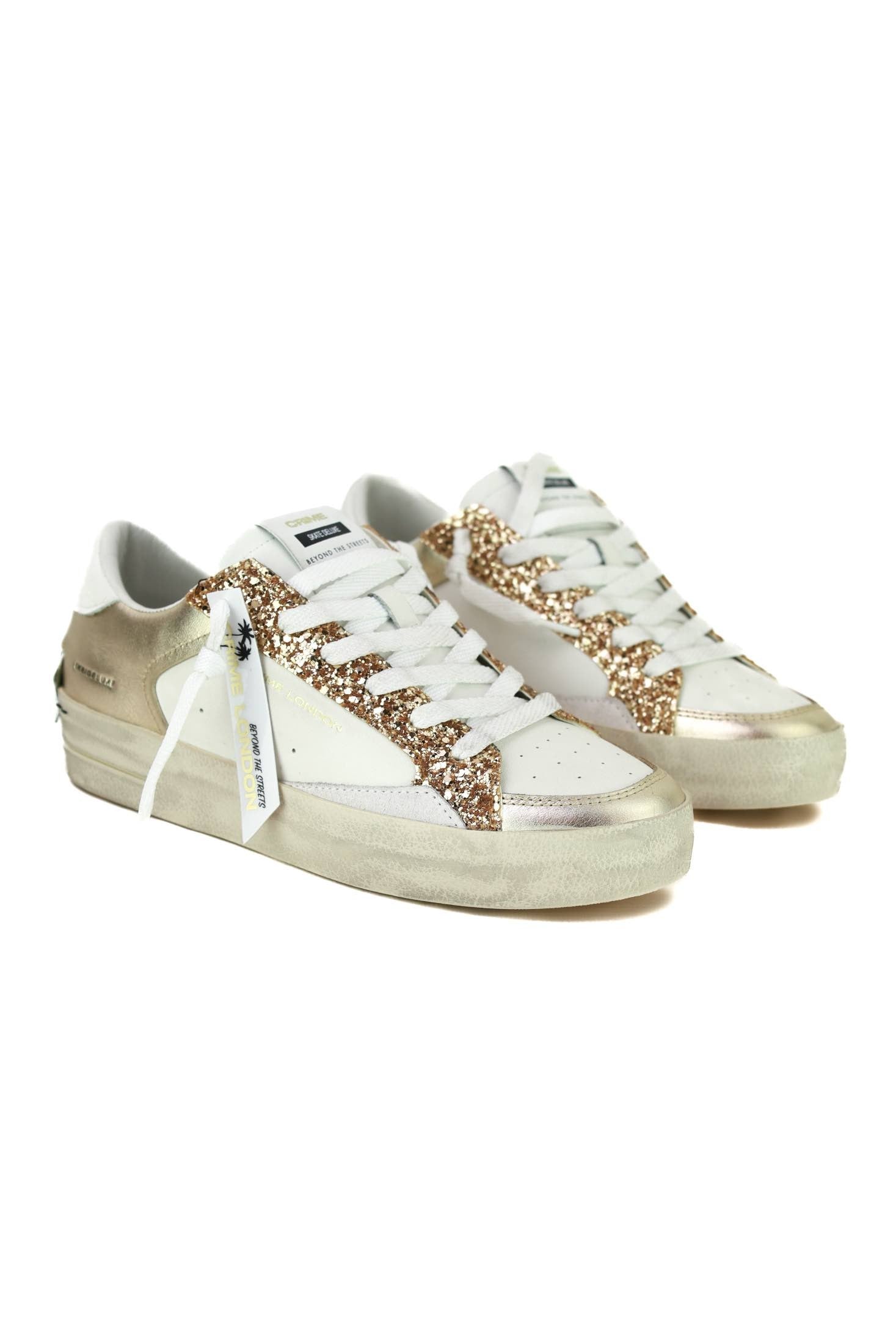 Crime sneakers donna pelle dettagli laminato e glitter bianco