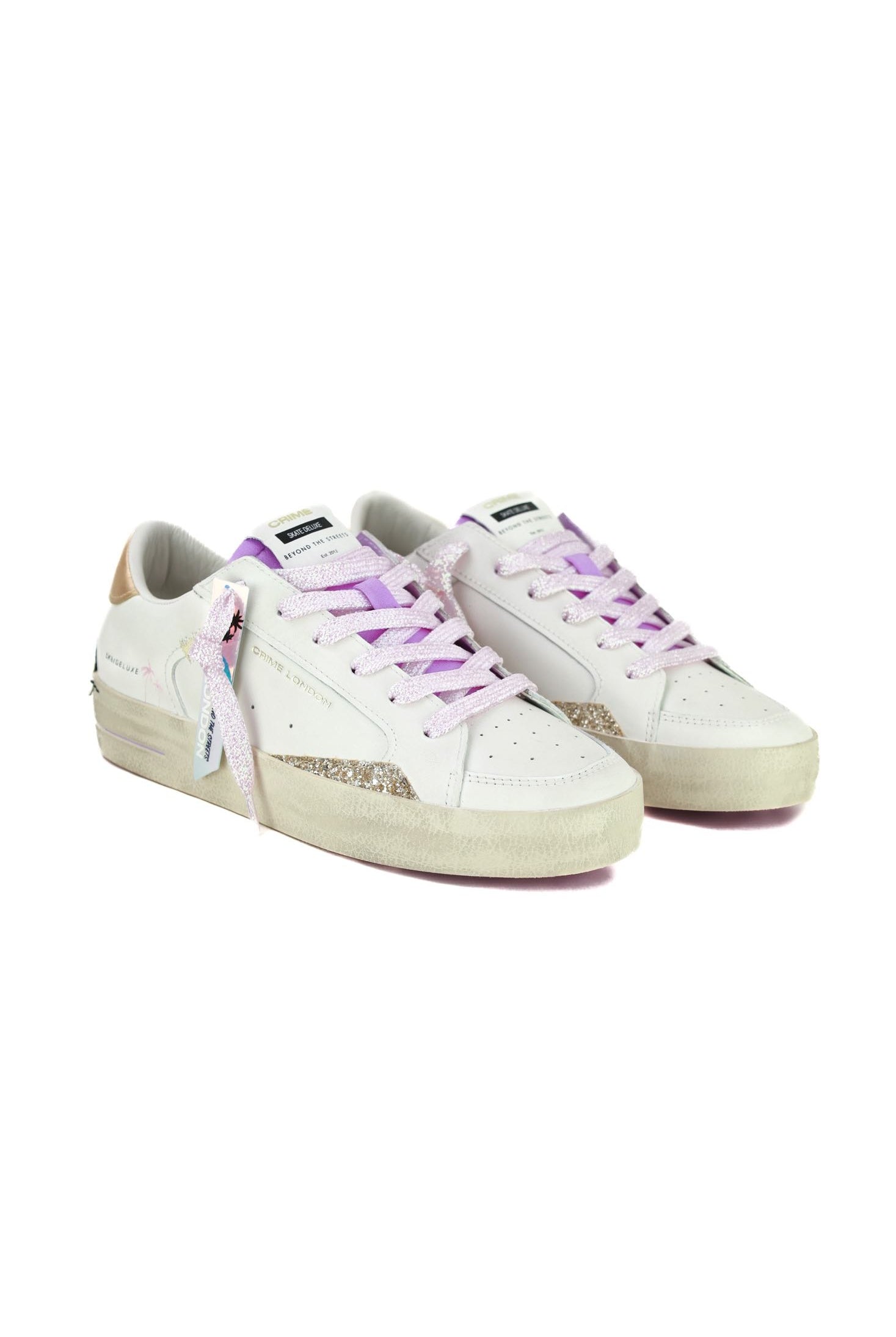 Crime sneakers donna pelle dettagli laminato e glitter bianco