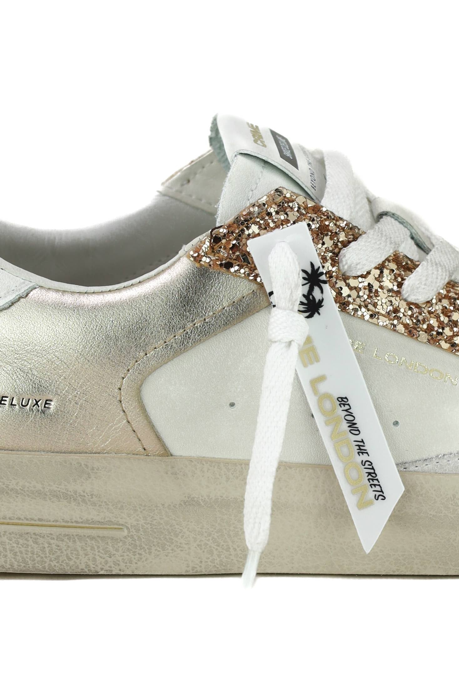 Crime sneakers donna pelle dettagli laminato e glitter bianco