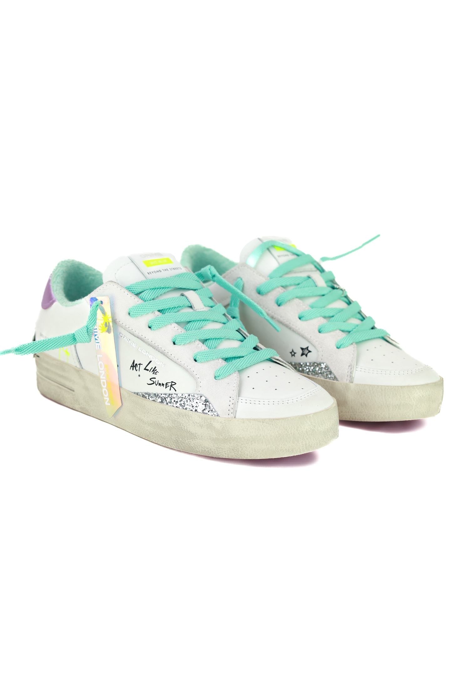 Crime sneakers donna pelle dettagli laminato e glitter bianco