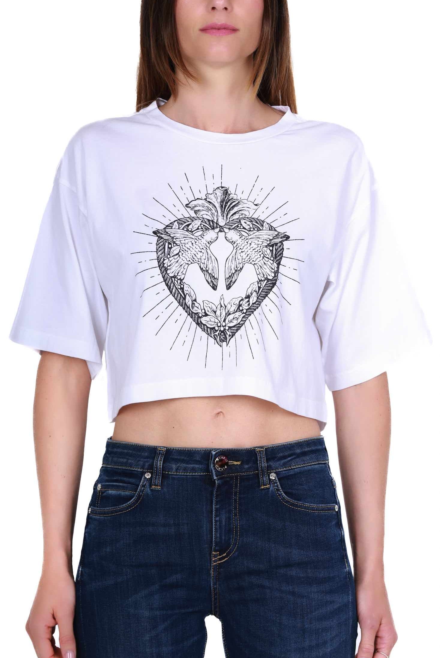 Pinko t-shirt cropped con stampa logo bianco