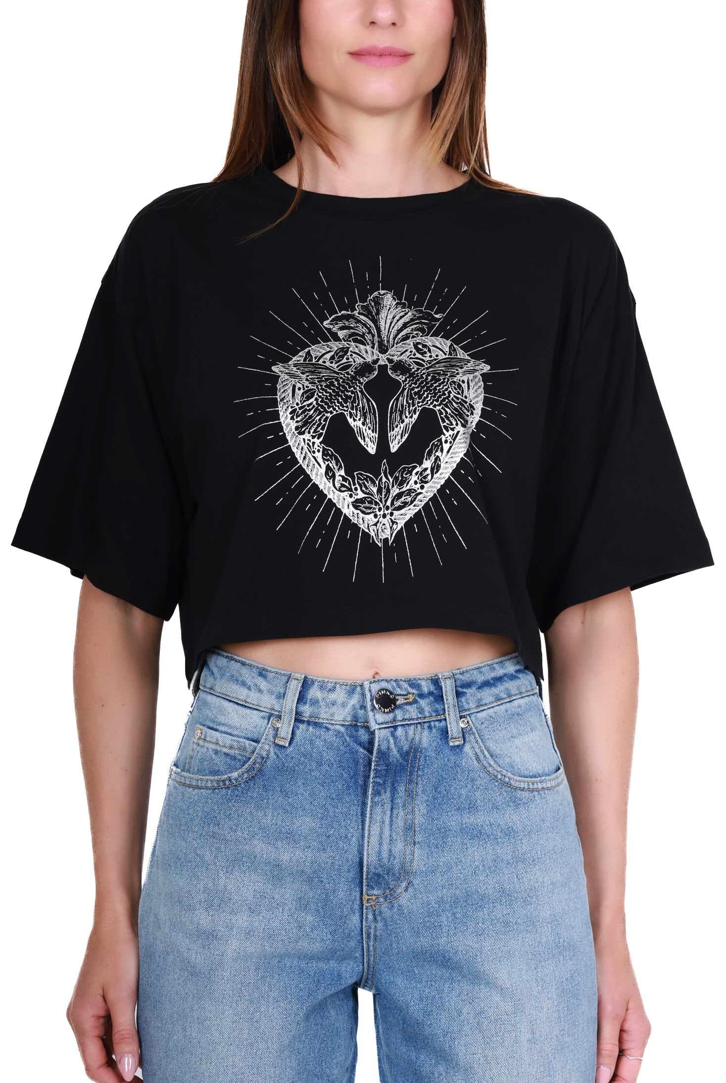Pinko t-shirt cropped con stampa logo nero