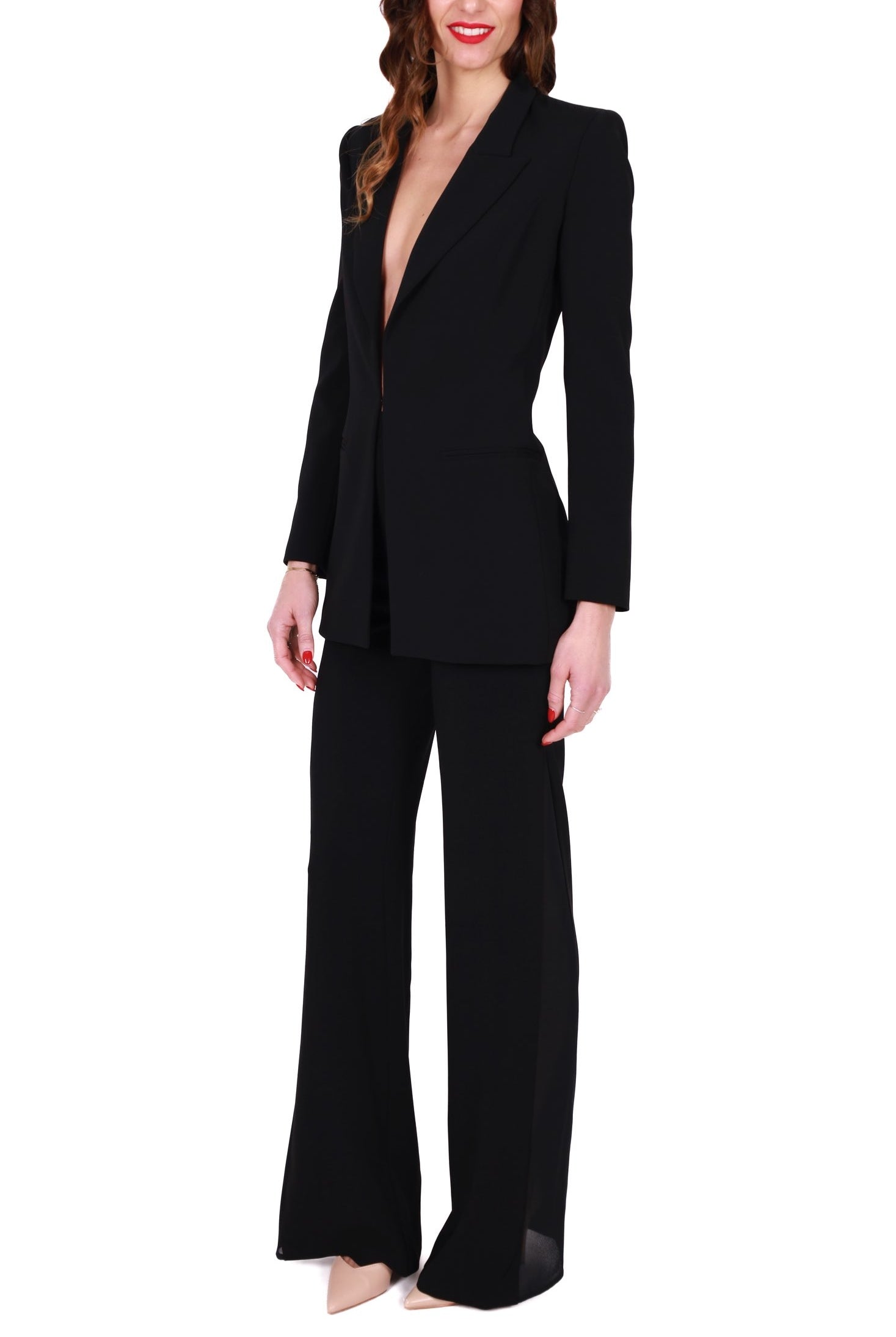 Elisabetta Franchi tailleur giacca lunga e pantalone a palazzo nero