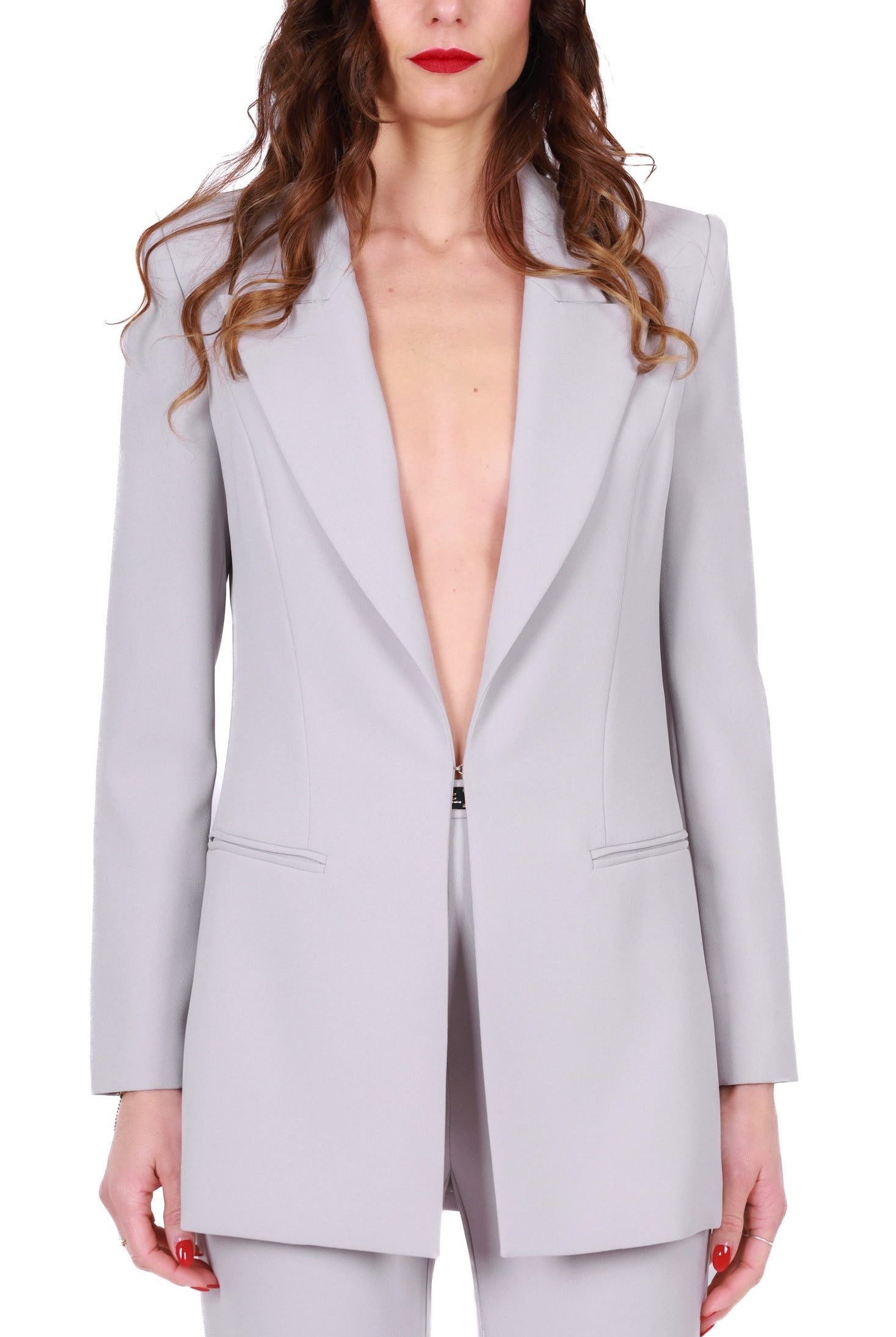 Elisabetta Franchi tailleur giacca lunga e pantalone palazzo grigio