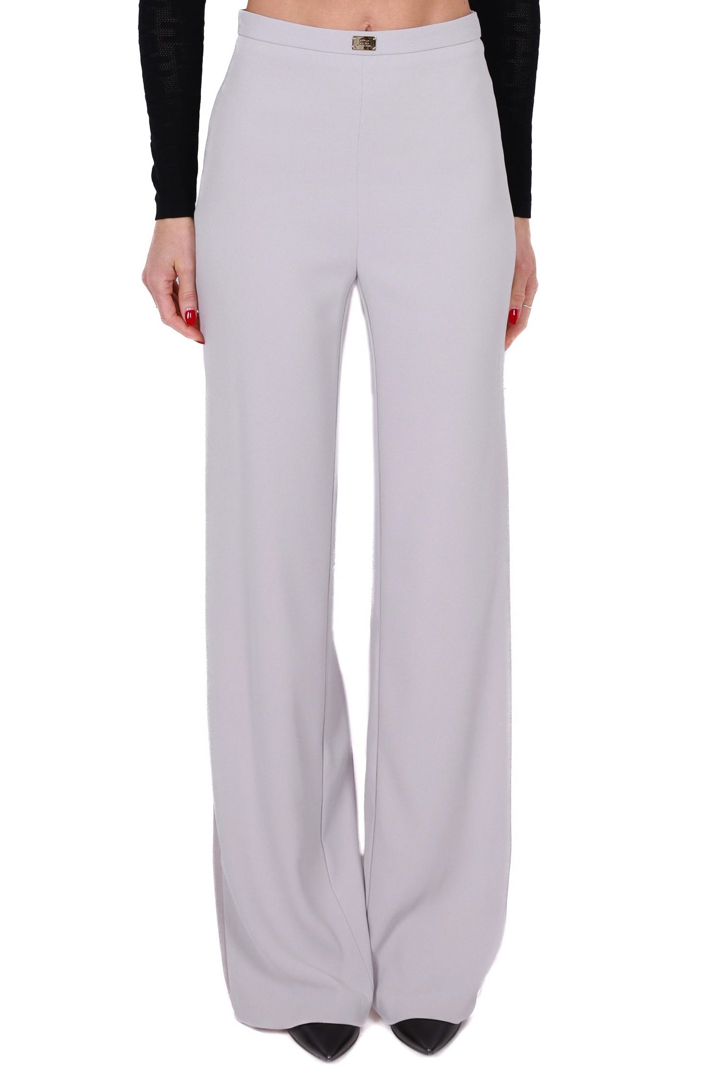 Elisabetta Franchi tailleur giacca lunga e pantalone palazzo grigio