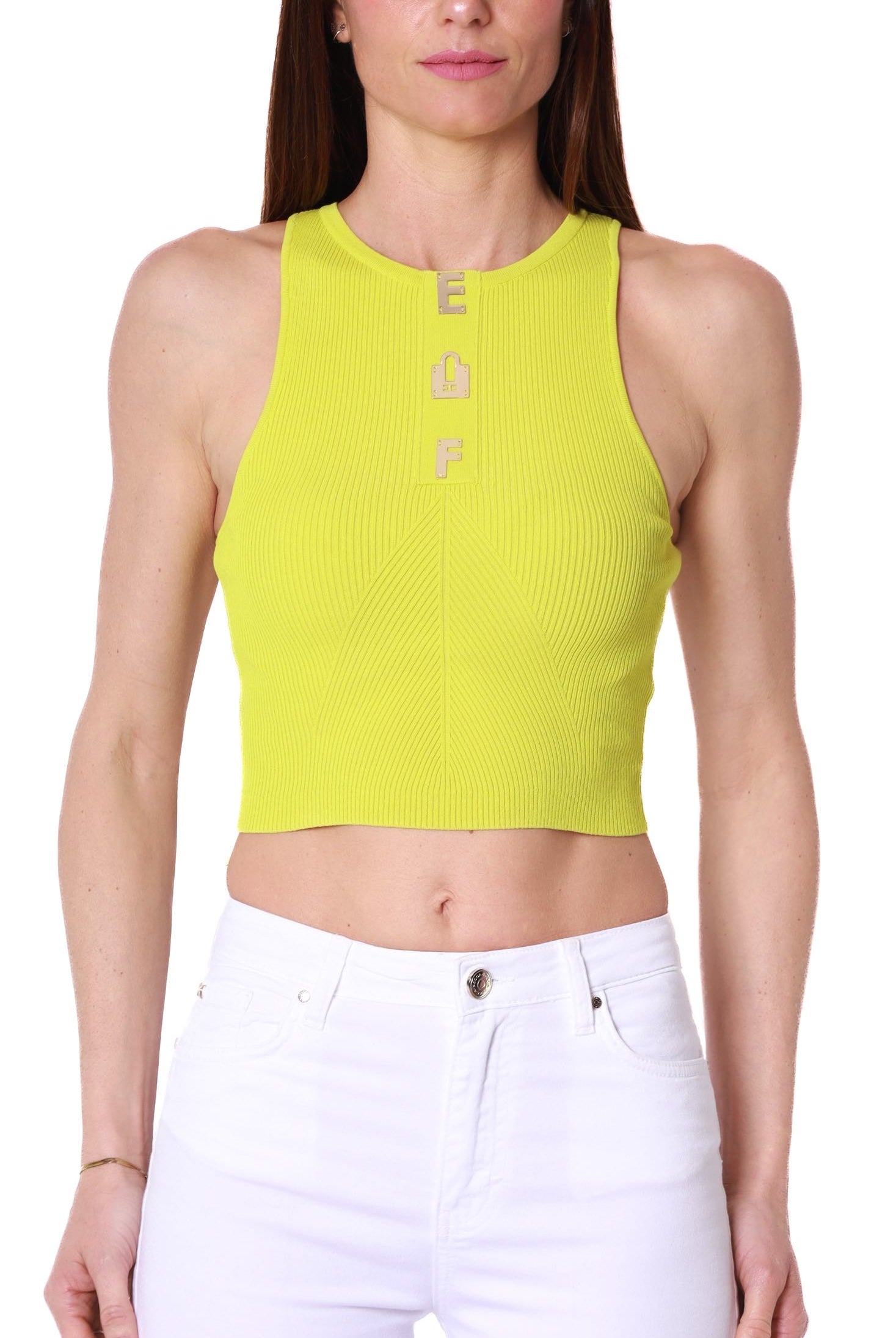 Elisabetta Franchi top cropped in maglia a costine giallo