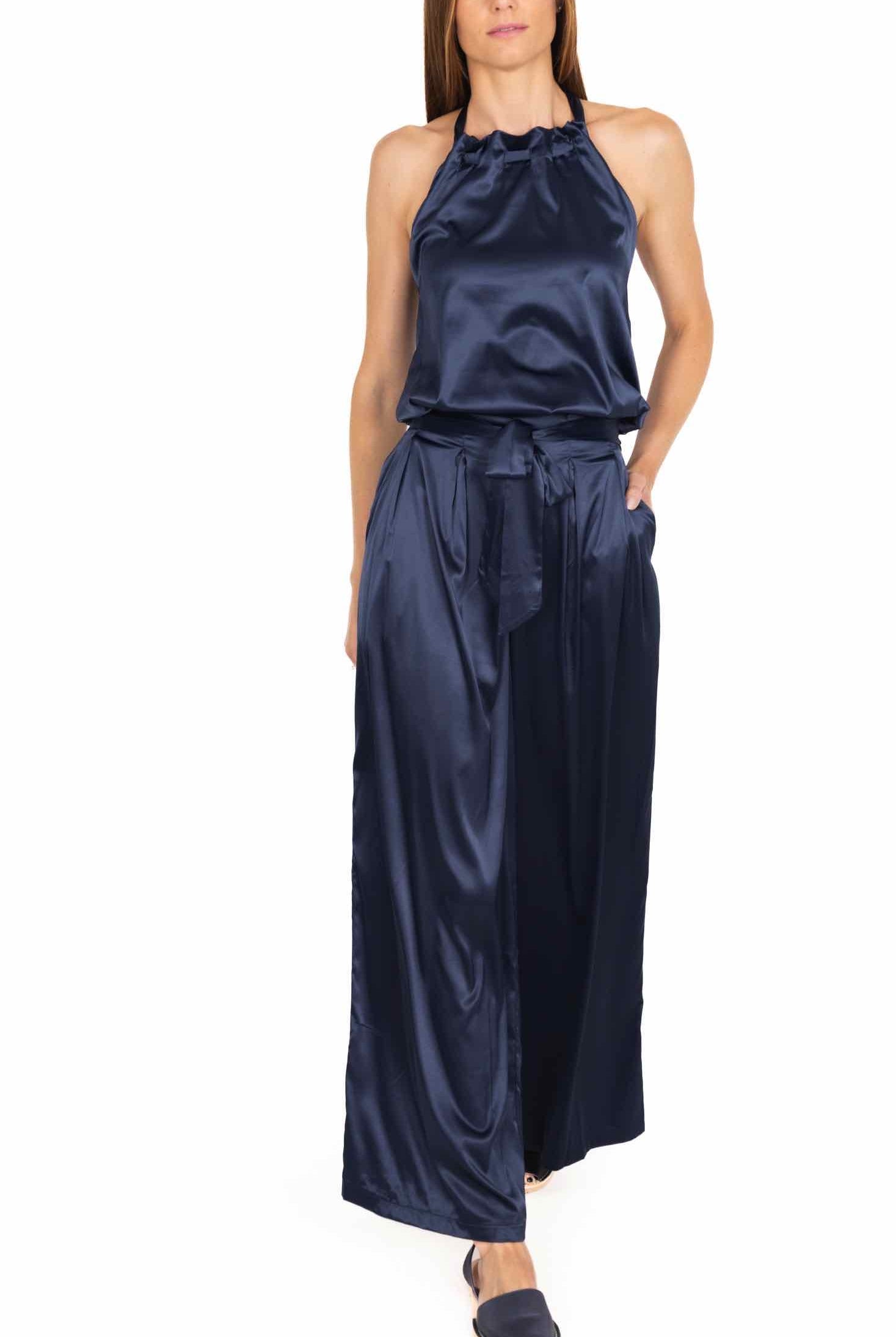 Molly top cropped in raso satin blu