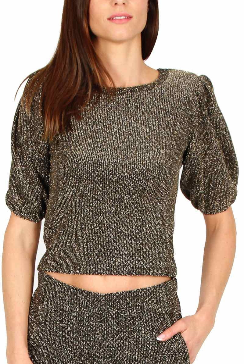 Teddy top cropped maniche corte in jersey di lurex nero