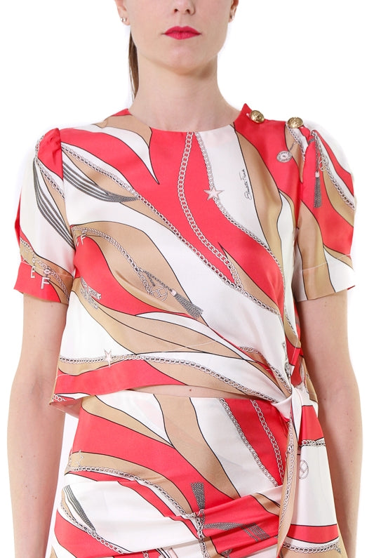 Elisabetta Franchi top cropped stampa foulard con fusciacca rosso
