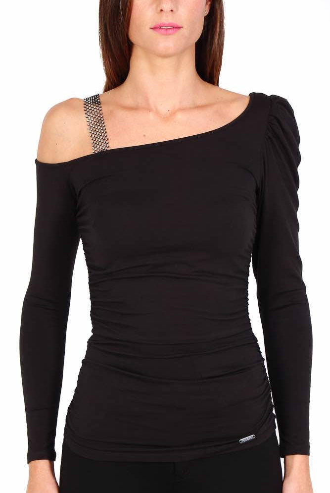 Guess Donna top in jersey di viscosa con spallina di strass nero