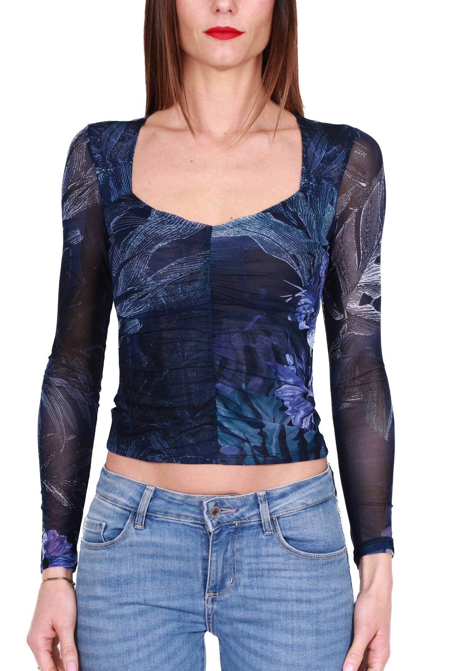 Guess Donna top manica lunga in tulle stretch fantasia