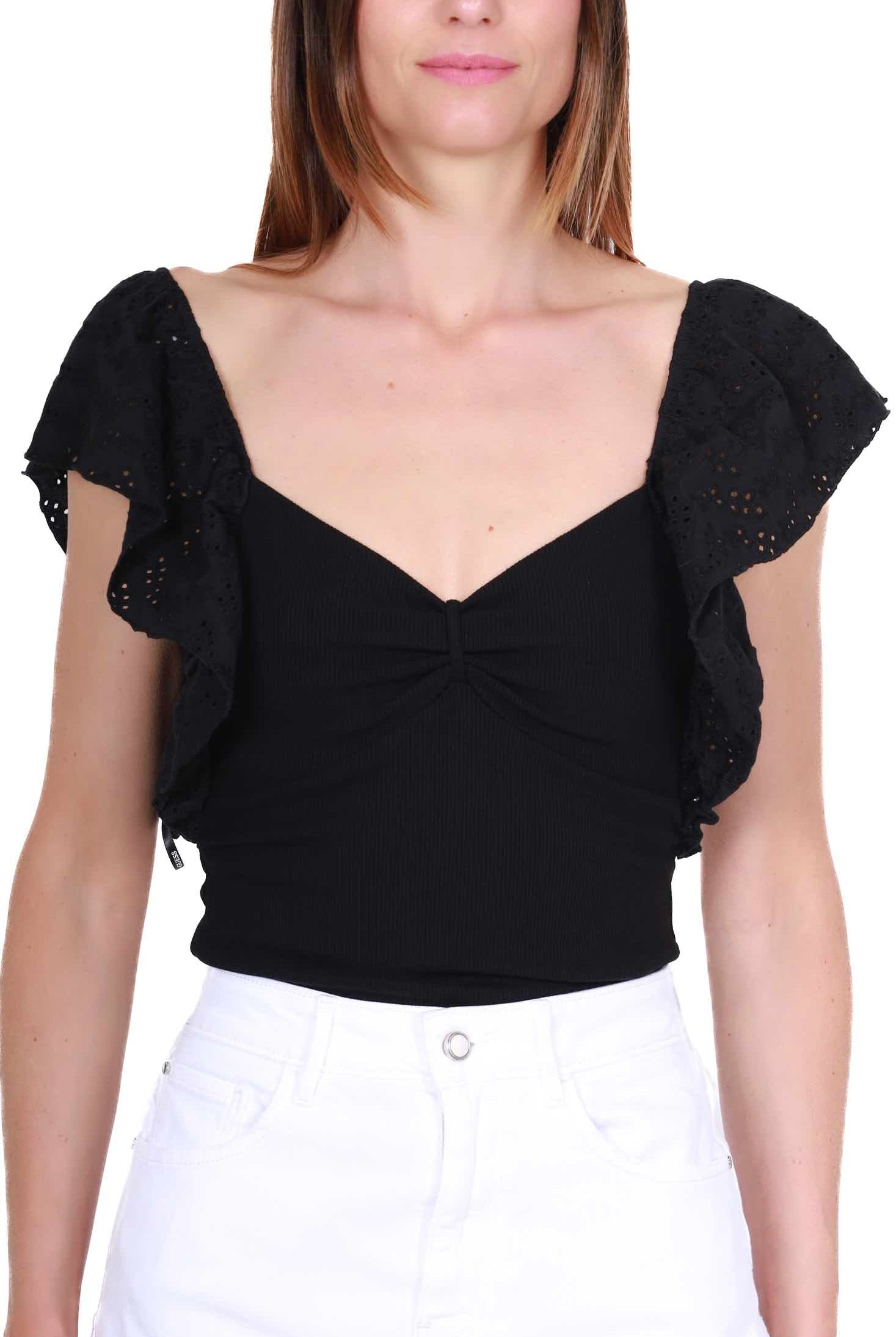 Guess Donna top maniche corte con inserto di pizzo nero