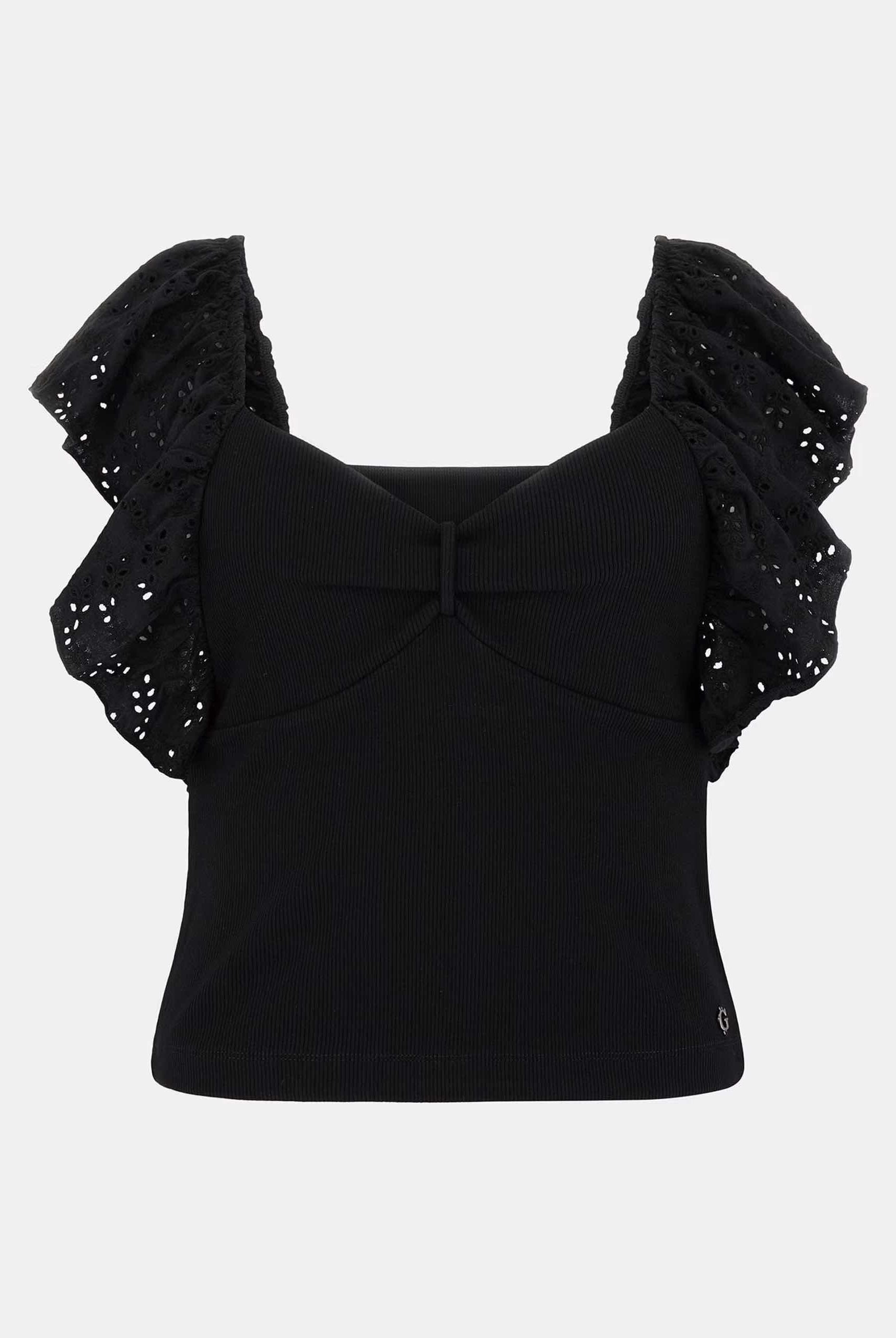 Guess Donna top maniche corte con inserto di pizzo nero