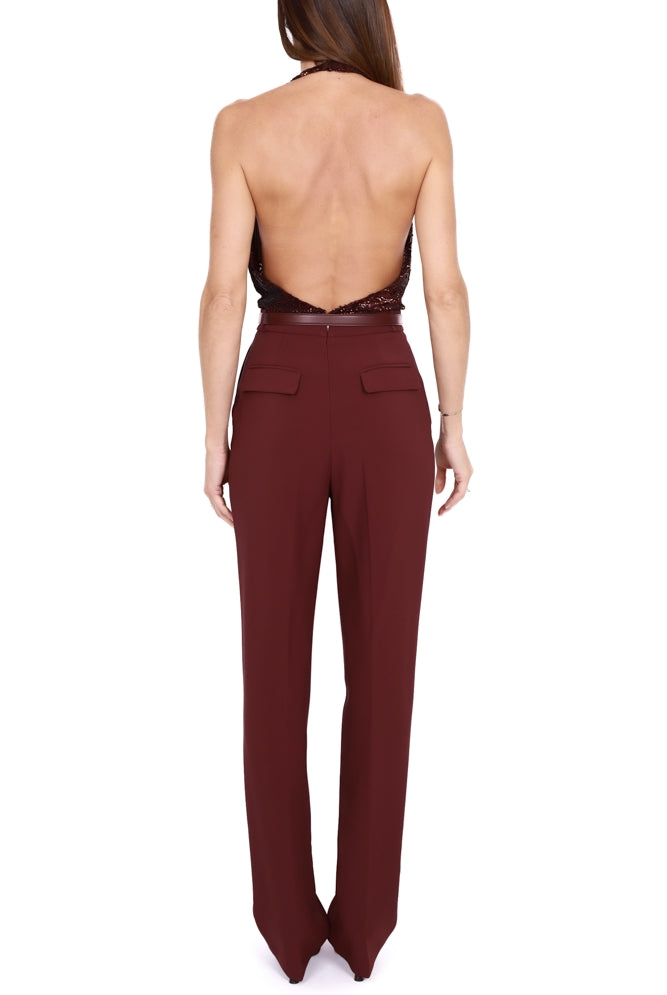 Elisabetta Franchi tuta elegante con top paillettes smanicato bordeaux