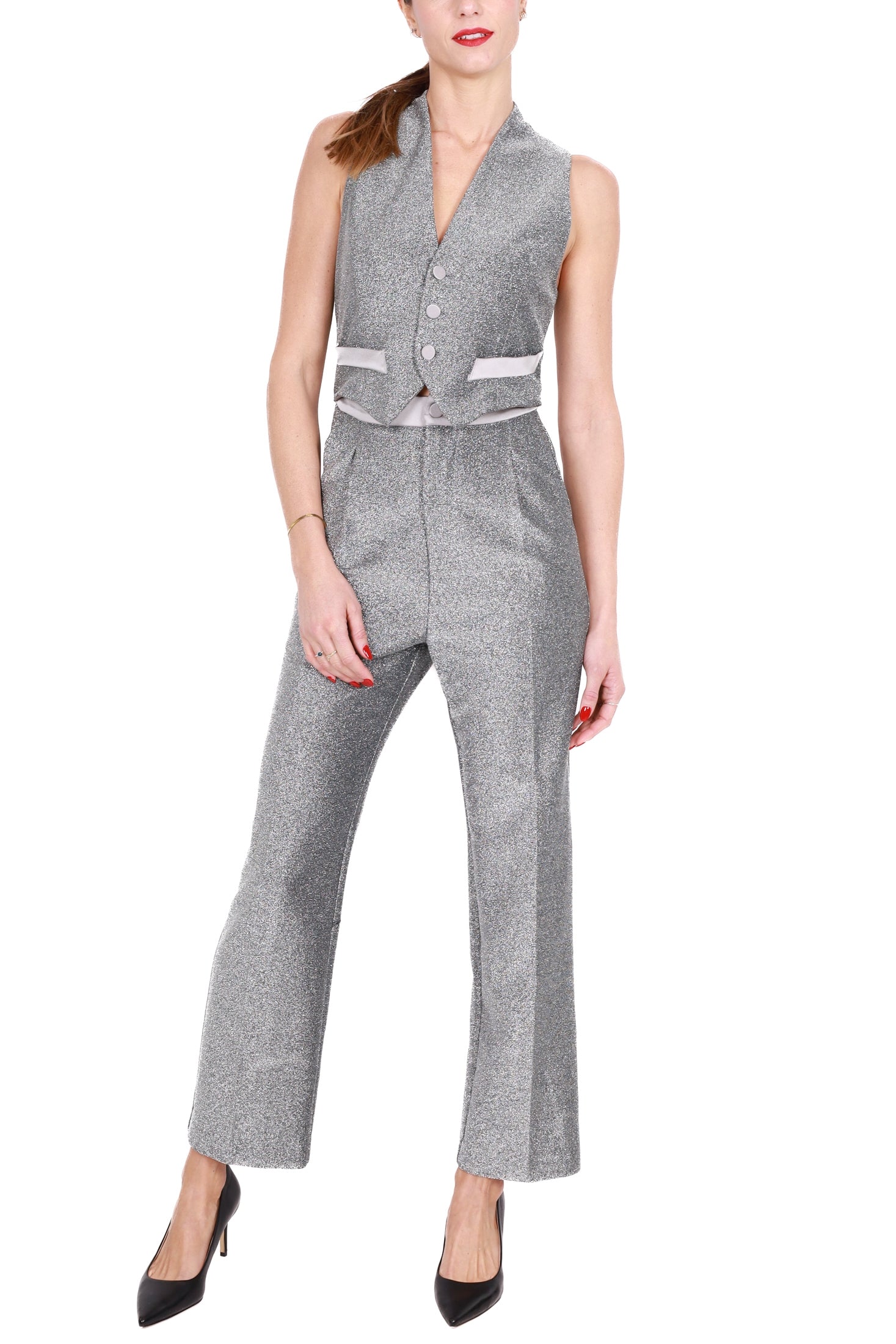 Vicolo tuta elegante in lurex argento