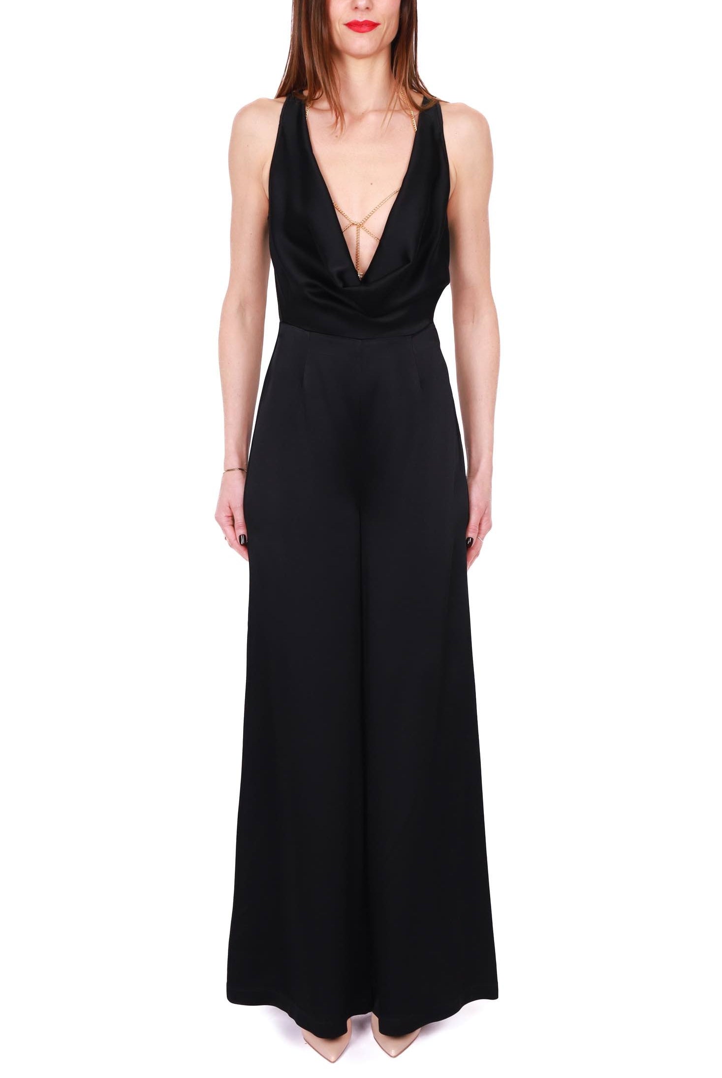 Elisabetta Franchi tuta elegante smanicata con accessorio gioiello nero