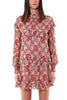 ABITO CORTO IN GEORGETTE STAMPATA CON ROUCHES ROSSO