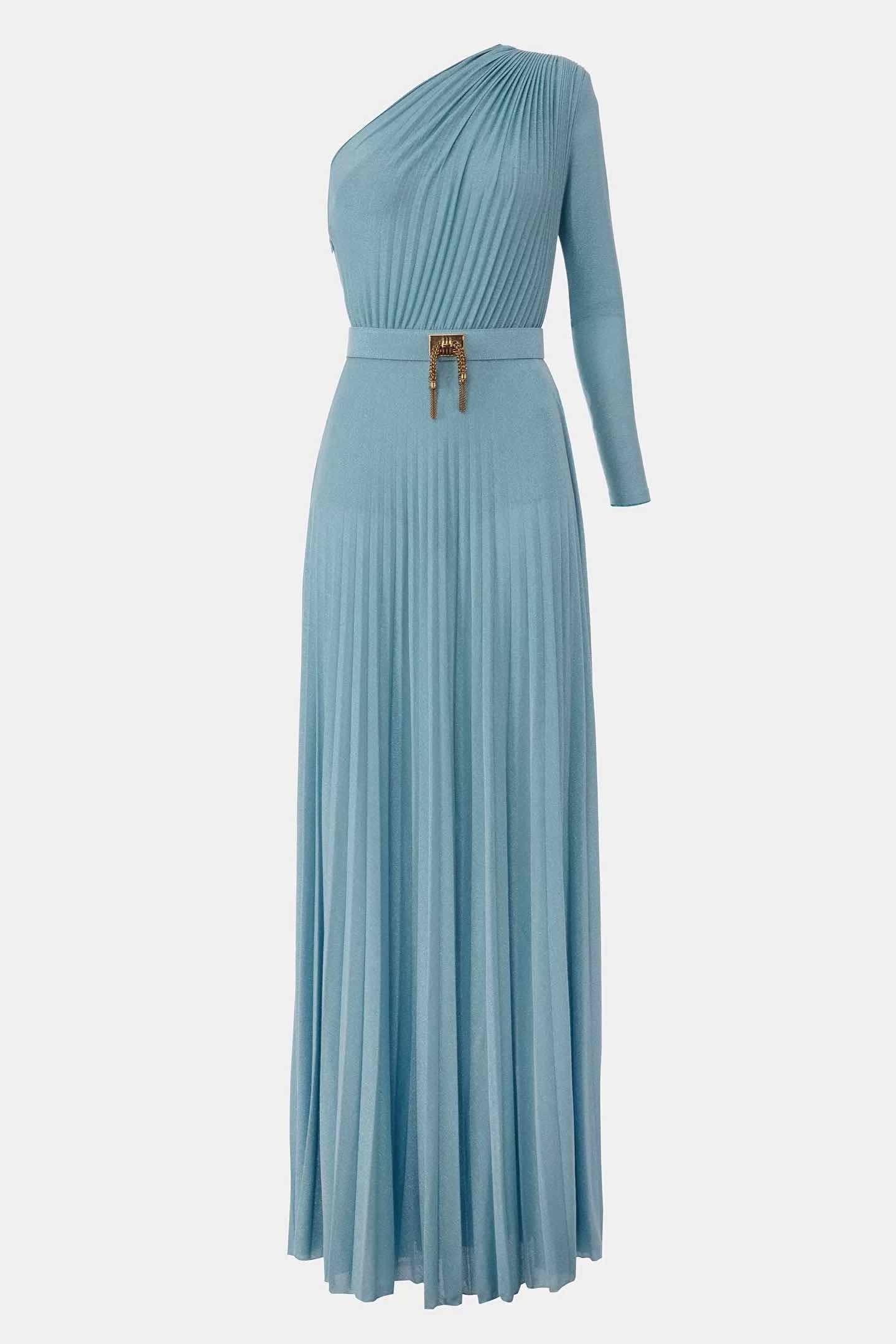 Elisabetta Franchi abito lungo monospalla in jersey di lurex azzurro