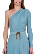 Elisabetta Franchi abito lungo monospalla in jersey di lurex azzurro