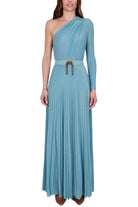 Elisabetta Franchi abito lungo monospalla in jersey di lurex azzurro