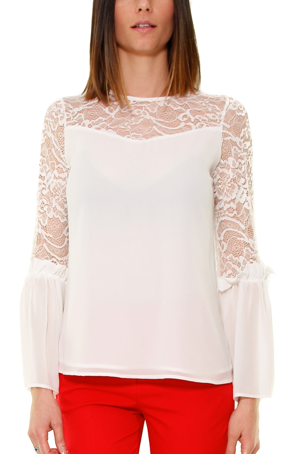 Fracomina blusa con inserto pizzo bianco
