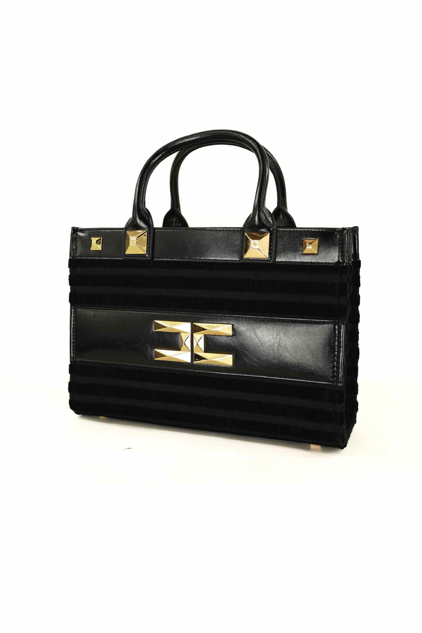 Elisabetta Franchi borsa shopper a mano in ciniglia con placca logo nero