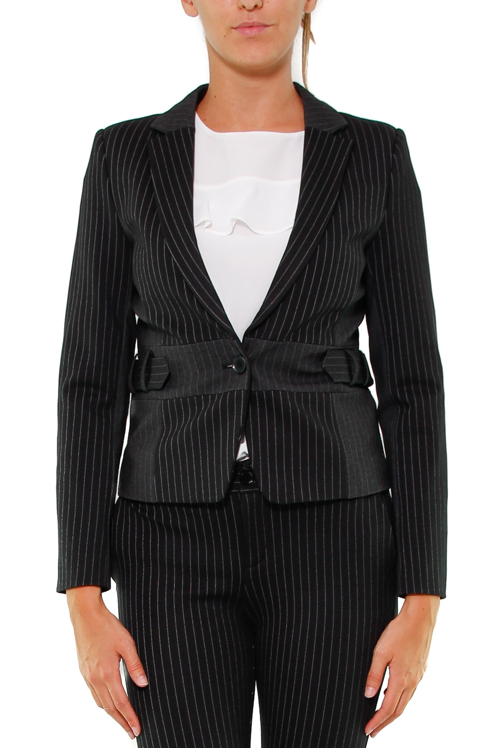 Fracomina giacca gessata con mix di tessuti nero