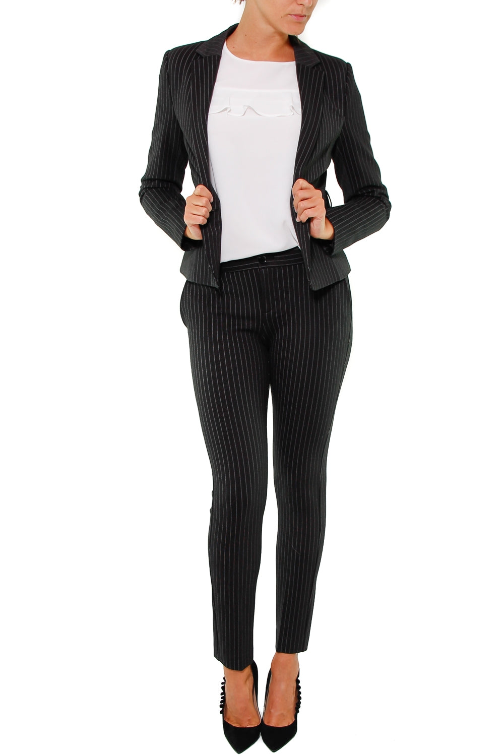 Fracomina giacca gessata con mix di tessuti nero