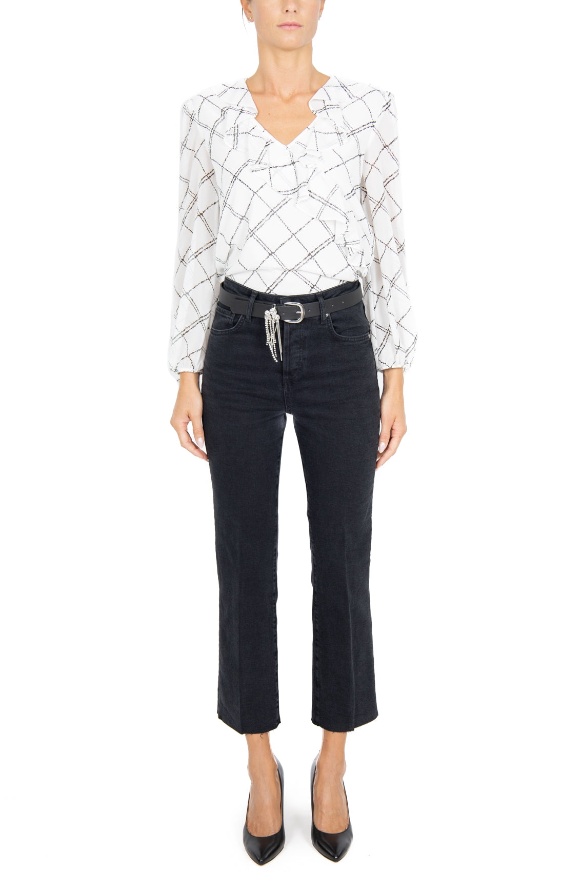 Blu Denim jeans vita alta flare cropped nero