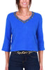 DAMEN-SWEATER MIT V-AUSSCHNITT AUS BLAUER ALPAKA-MISCHUNG
