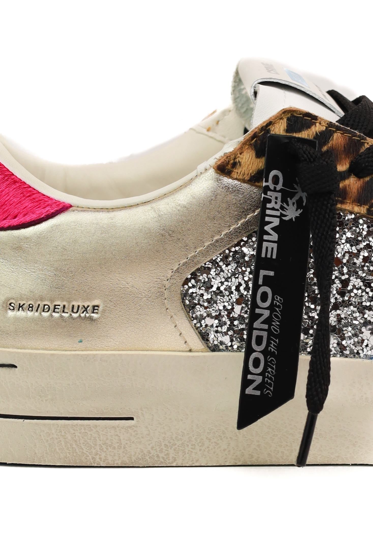 Crime sneakers donna pelle dettagli animalier e glitter bianco