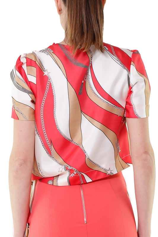 Elisabetta Franchi top cropped stampa foulard con fusciacca rosso