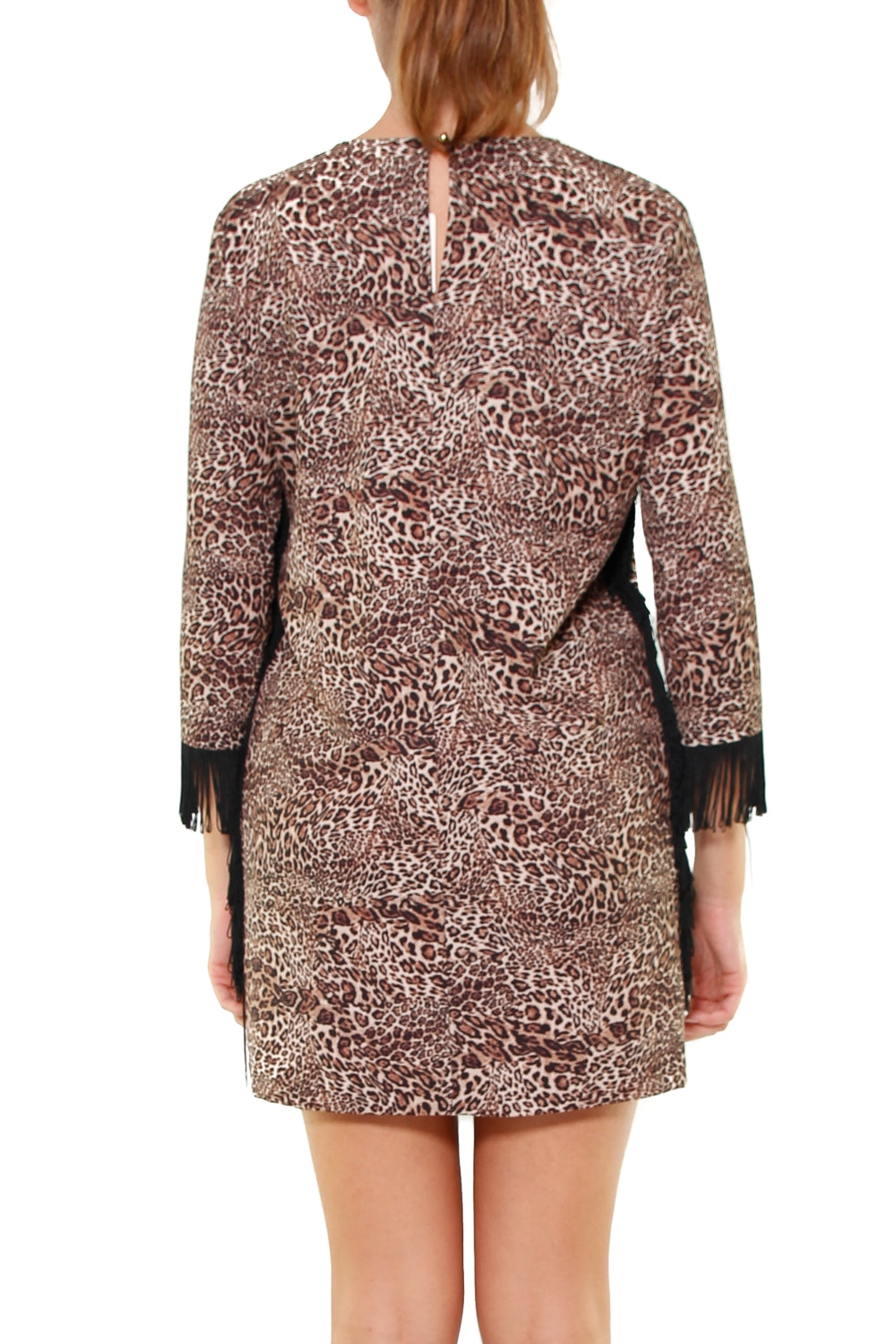 Vicolo vestito a tunica fantasia animalier con frange nero